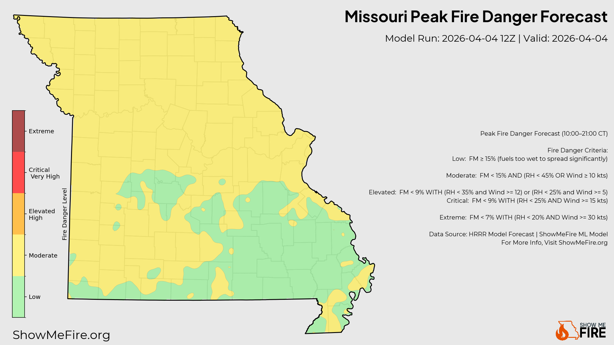 Forecast peak fire danger map for Missouri